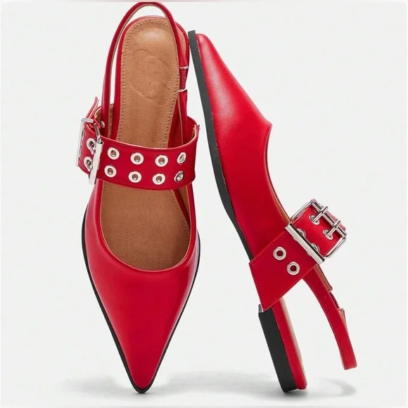 Steve Madden Red Studded Buckle Leather Y2K Slingback Flats Vintage Retro New - Picture 4 of 12